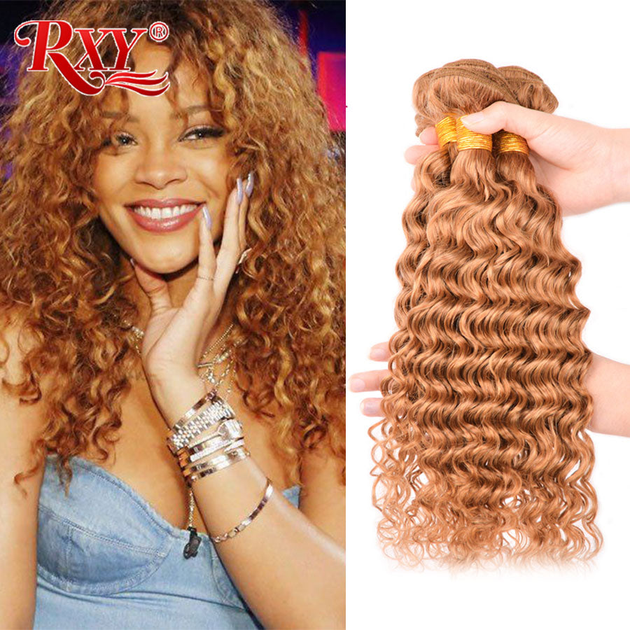 RXY Blonde Bundles #27 Color Deep Wave Bundles 10-28 Inches Brazilian Hair Weave Bundles Remy Human Hair Bundles 1/3/4 Piece